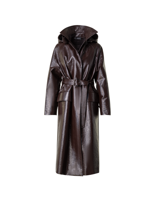 Designer Lacquer Cotton Trench Coat with Detachable Hood - brown