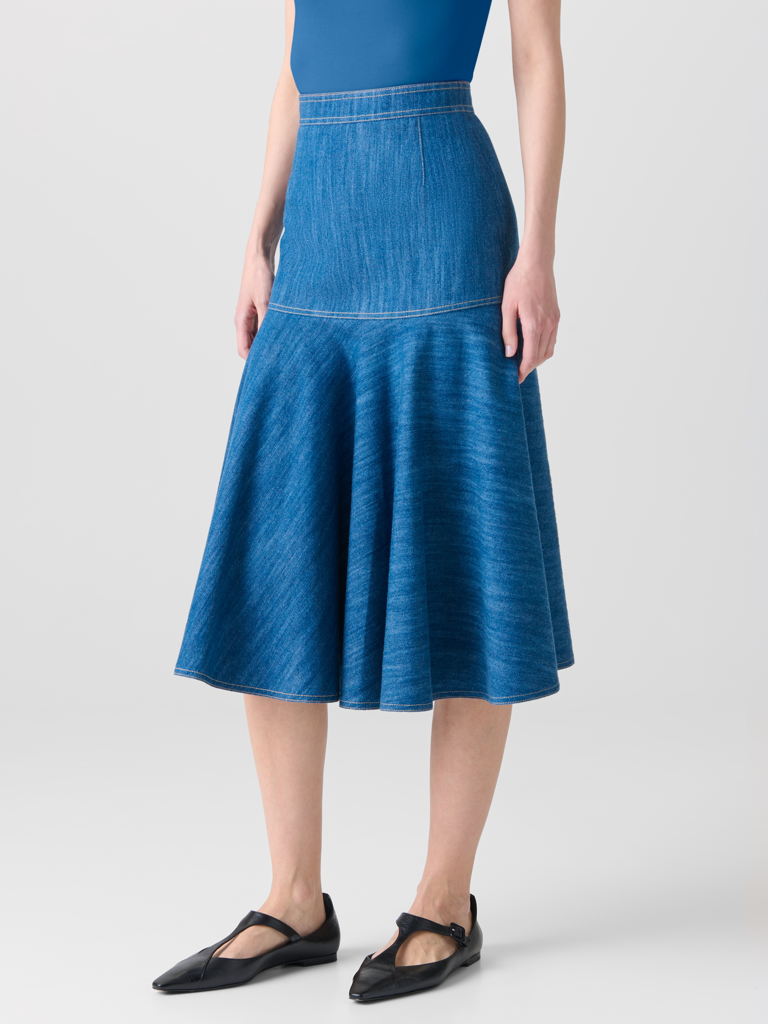 Designer Cotton Stretch Denim Skirt with Flounce Hem - blue 