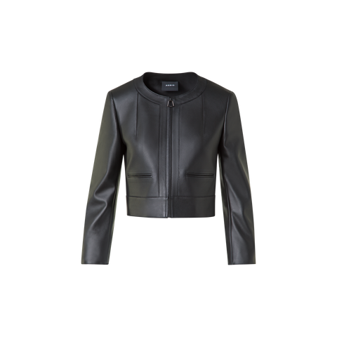 Cropped Leather Jacket with Crew Neck