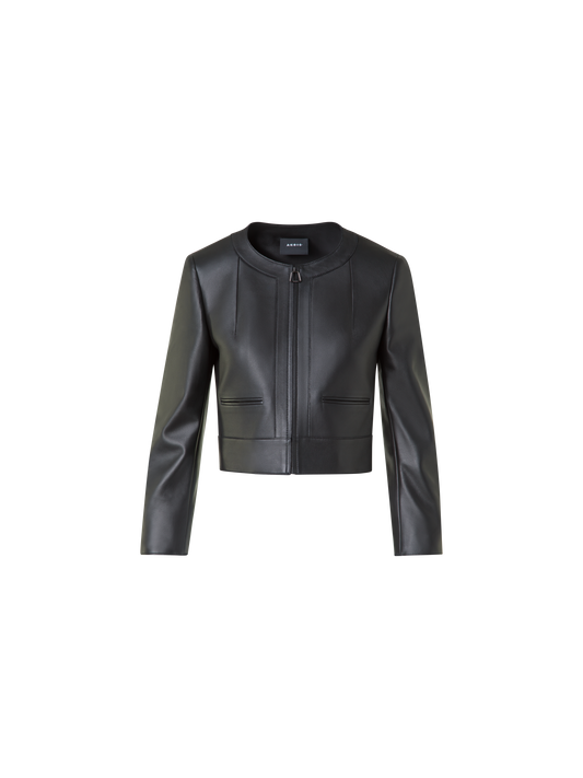 Designer Cropped Leather Jacket with Crew Neck - black - neutral