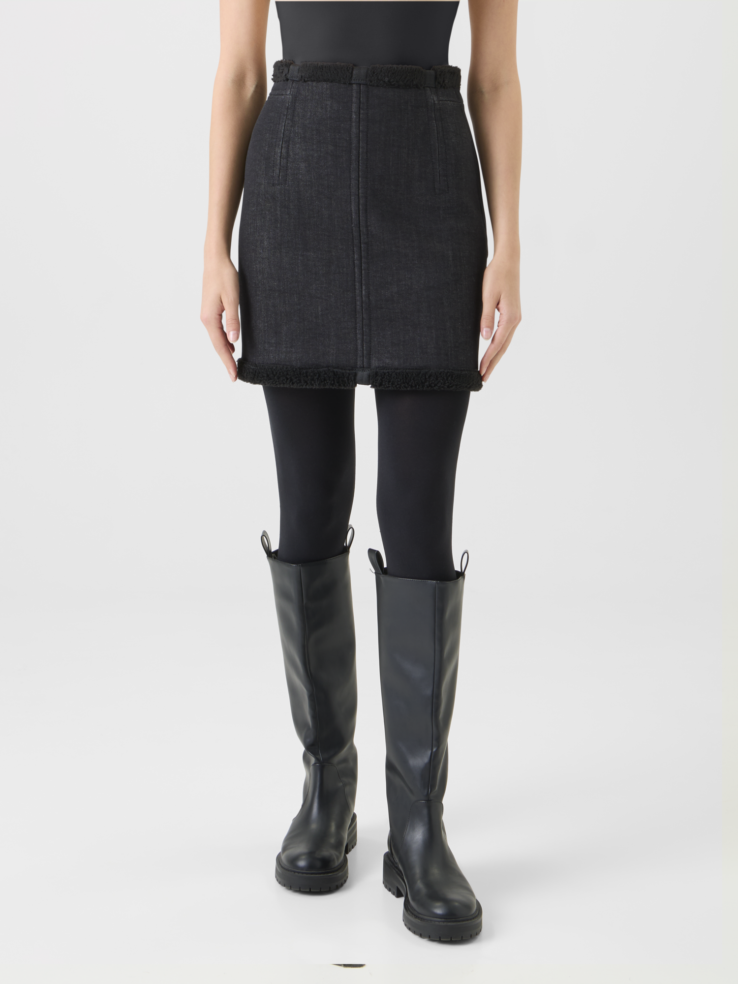 Designer Cotton Denim and Faux Shearling Mini Skirt - black - neutral 