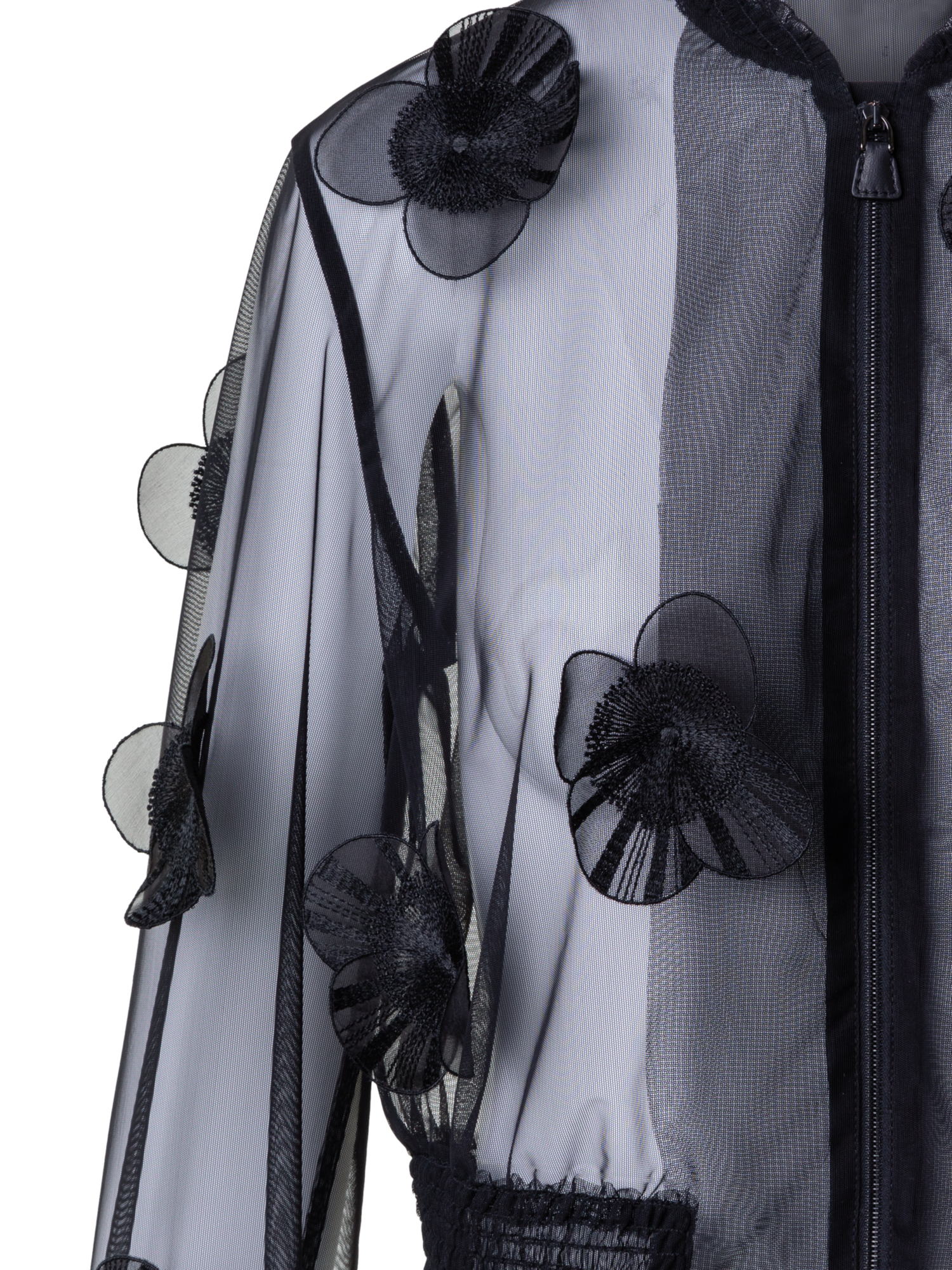 Designer Sheer Tulle Bomber Jacket with Poppy Flower - black