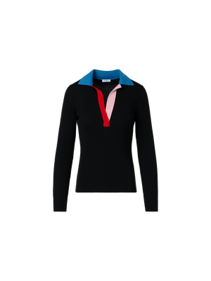 Designer Ribbed Merino Wool Polo Sweater - black