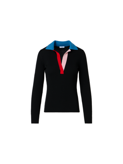 Designer Ribbed Merino Wool Polo Sweater - black