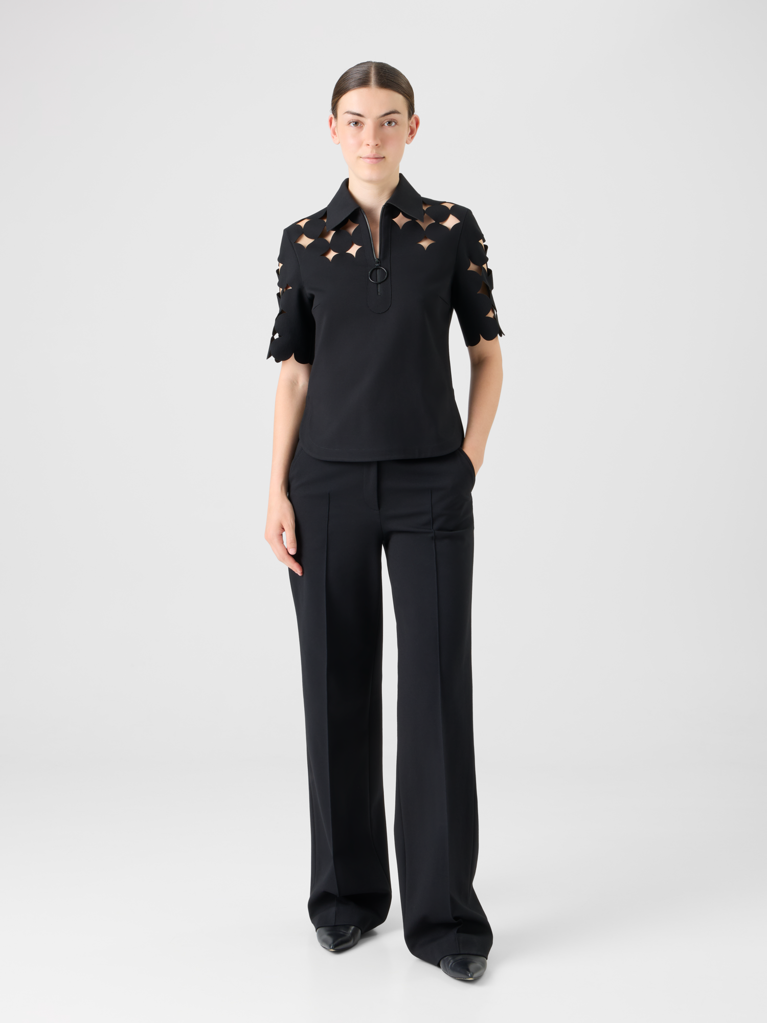 Designer Dropping Dot Cut-Out Polo Shirt - black 