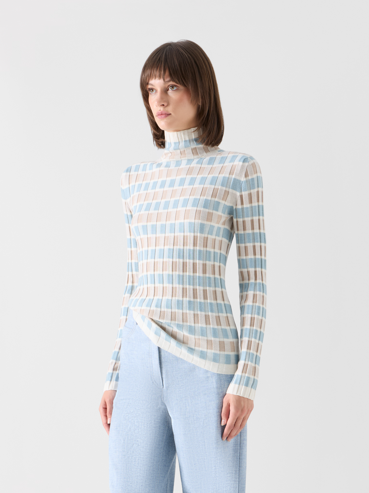Designer Merino Wool Ribbed Sweater with Check Intarsia - multicolor #editorial