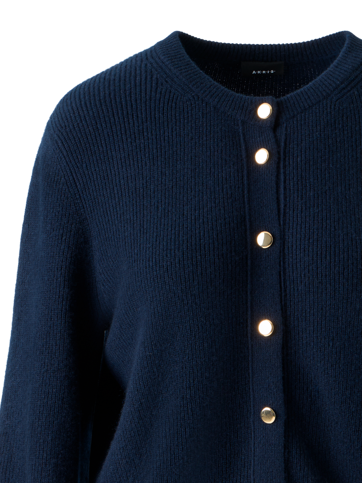 Designer Ribbed Cashmere Cardigan with Gold Buttons - neutral - navy - blue