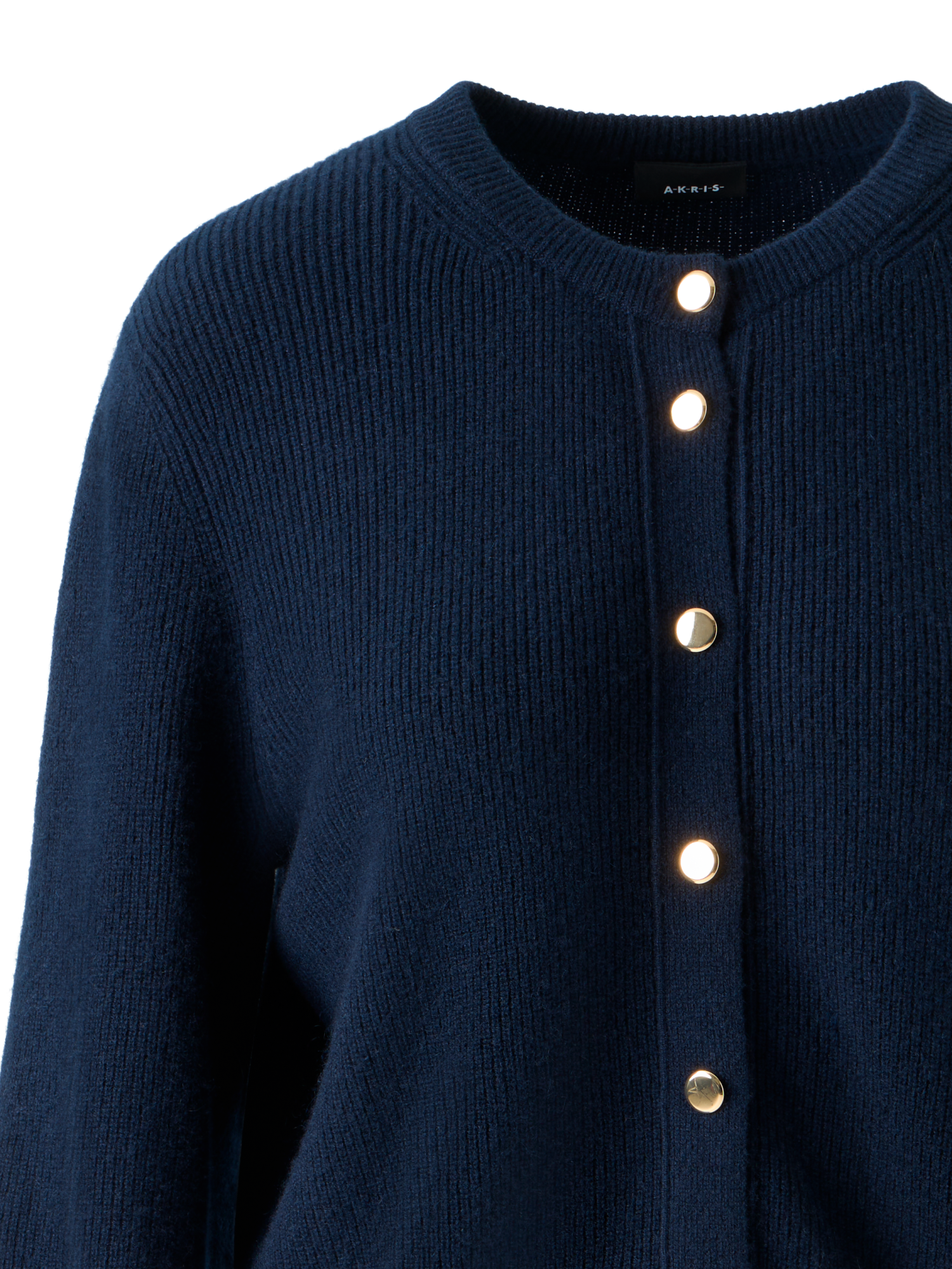 Designer Ribbed Cashmere Cardigan with Gold Buttons - neutral - navy - blue
