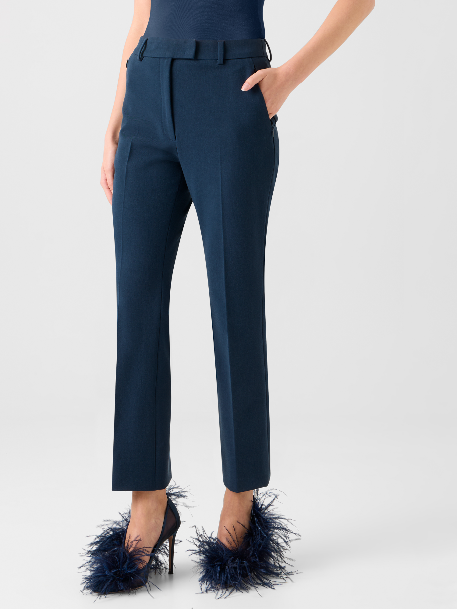 Designer Cropped Straight Stretch Lyocell Wool Pants - neutral - navy - blue 