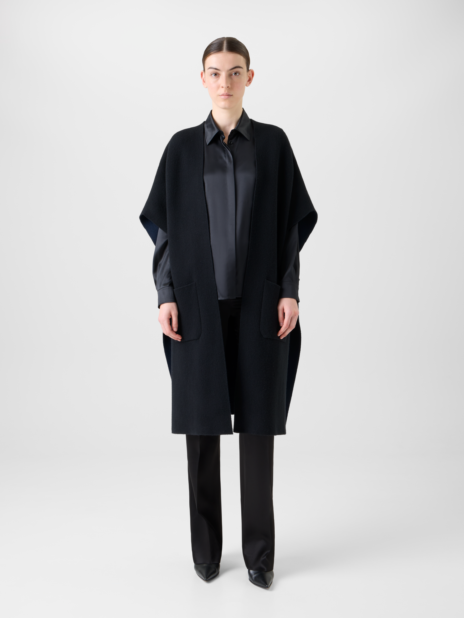 Designer Bi-Color Cashmere Double-Face Knit Cape - black - neutral - navy - blue - multicolor 