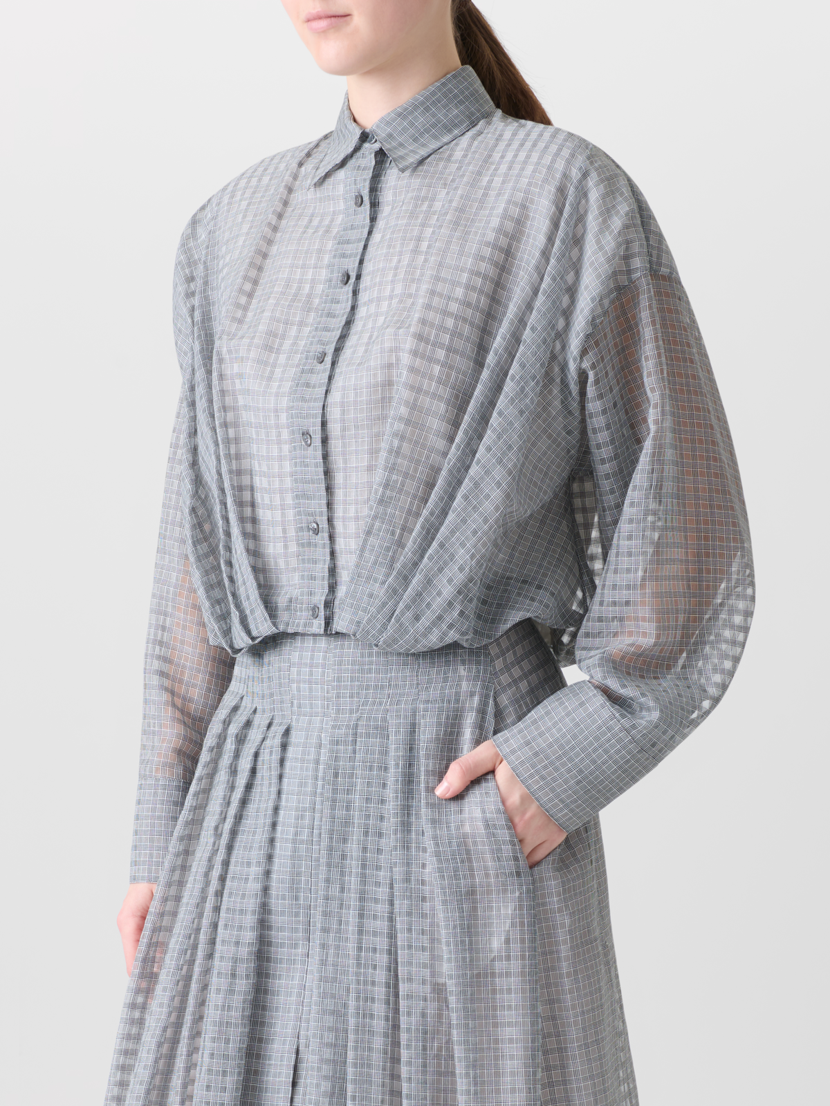 Designer Sheer Cropped Blouse with Pleated Waist - black - neutral - grey - multicolor