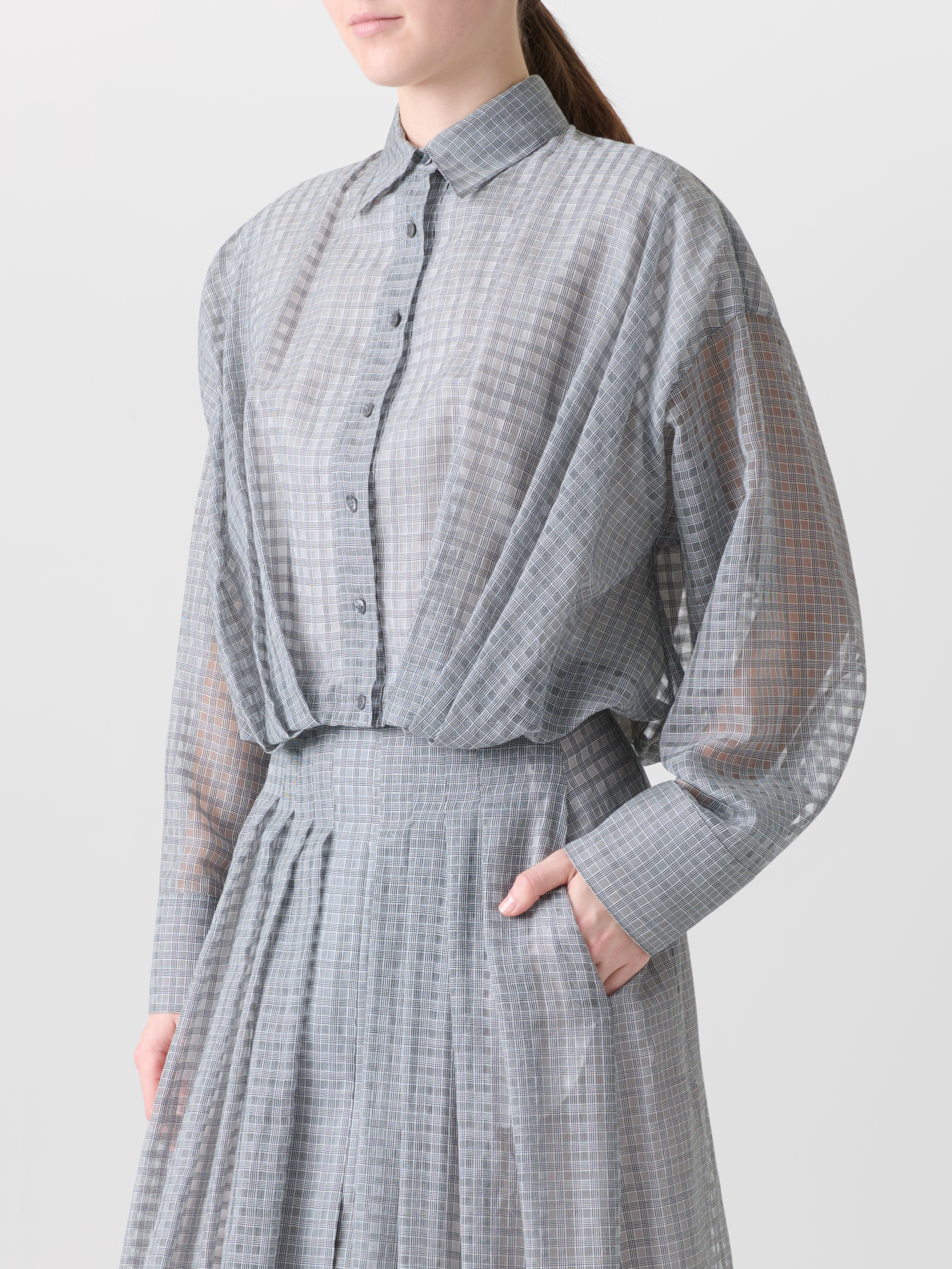 Designer Sheer Cropped Blouse with Pleated Waist - black - neutral - grey - multicolor