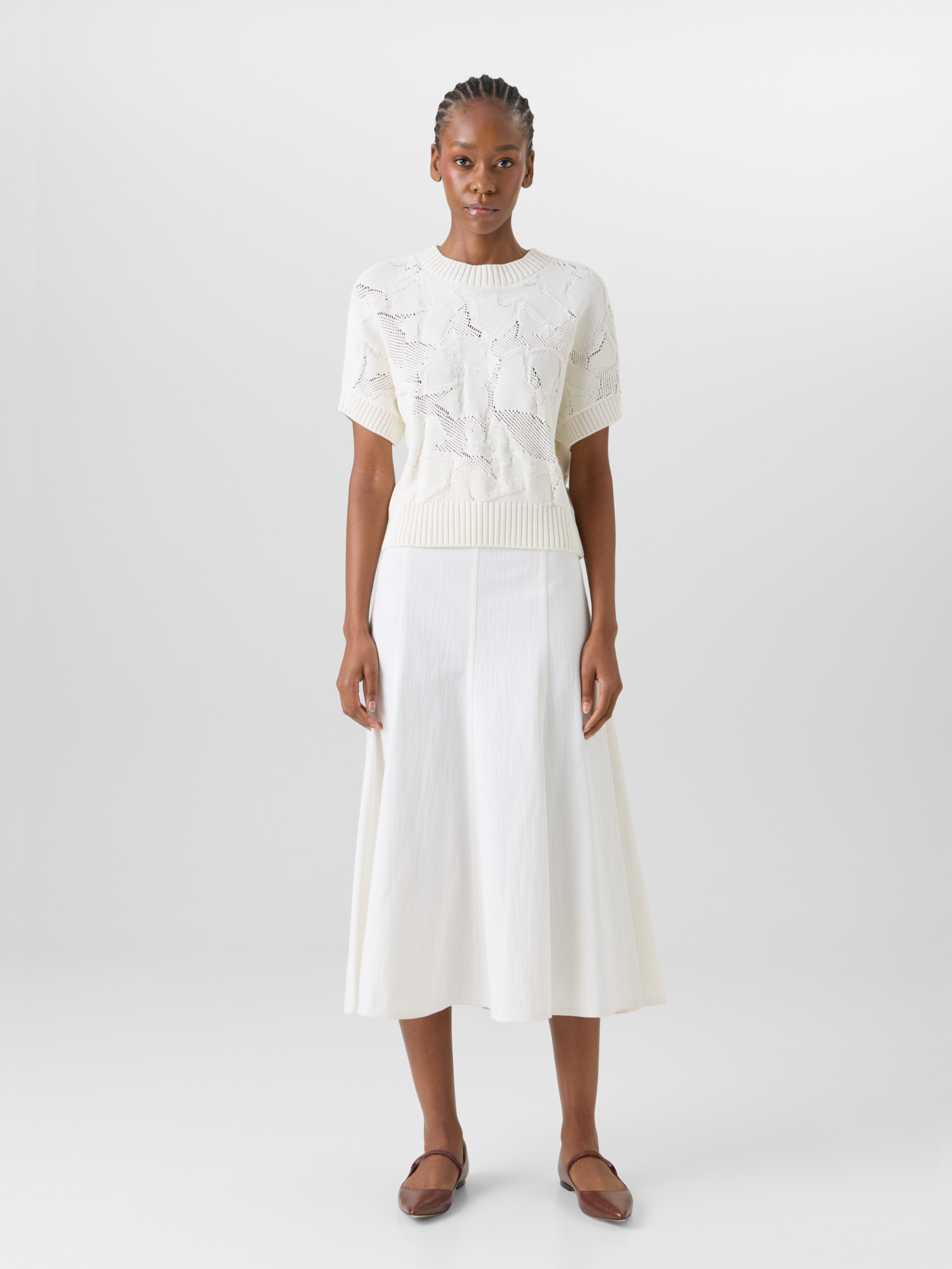 Designer Flared Cotton-Stretch Denim Midi Skirt - white 