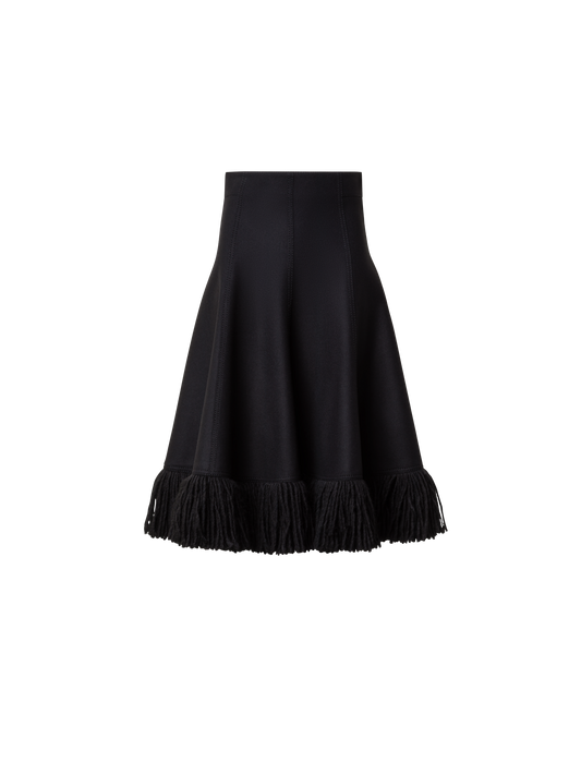 Designer Taglio Vivo Midi Skirt with Fringes - black