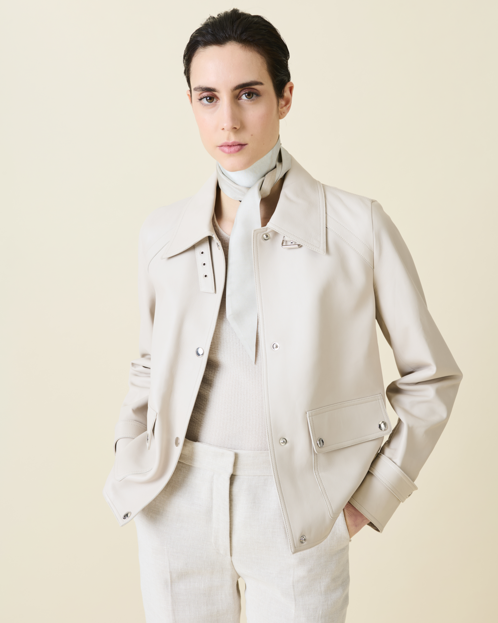 Designer Blouson Leather Jacket - neutral - grey - beige 