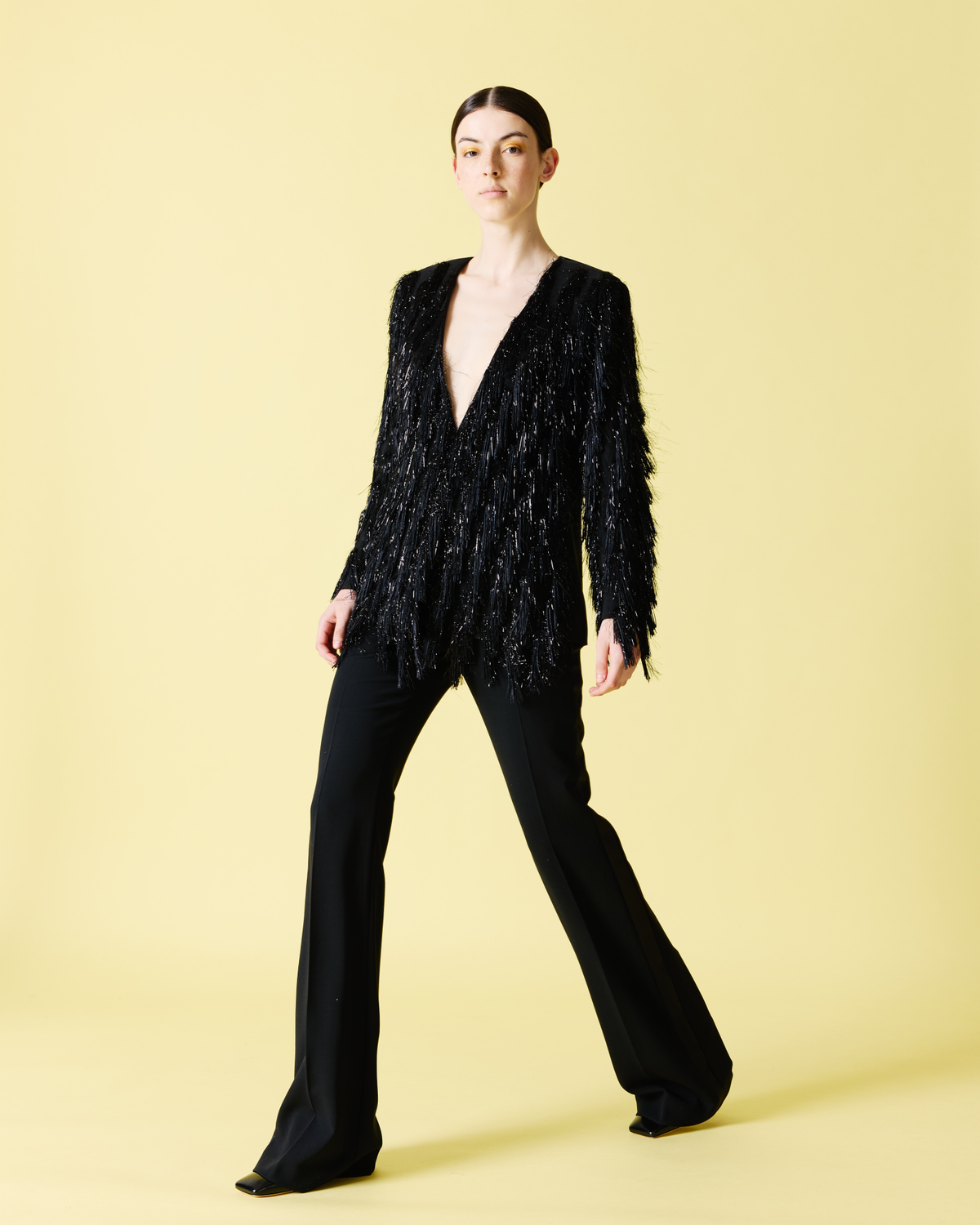 Designer Bootcut Wool Double-Face Pants with Satin Side Trim - neutral - black #editorial