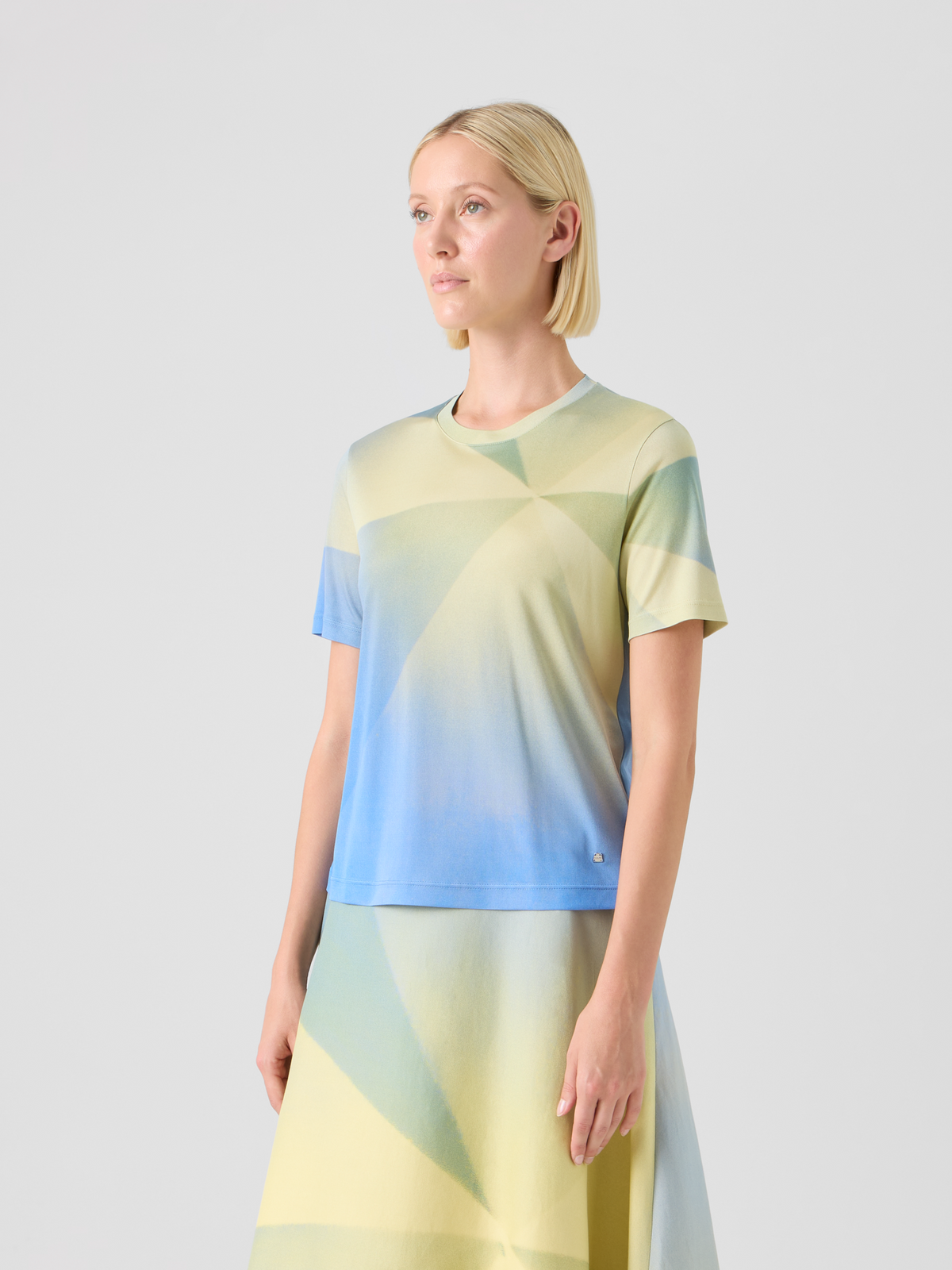 Designer Sunbeam Print Silk Jersey T-Shirt - blue - multicolor - yellow #editorial