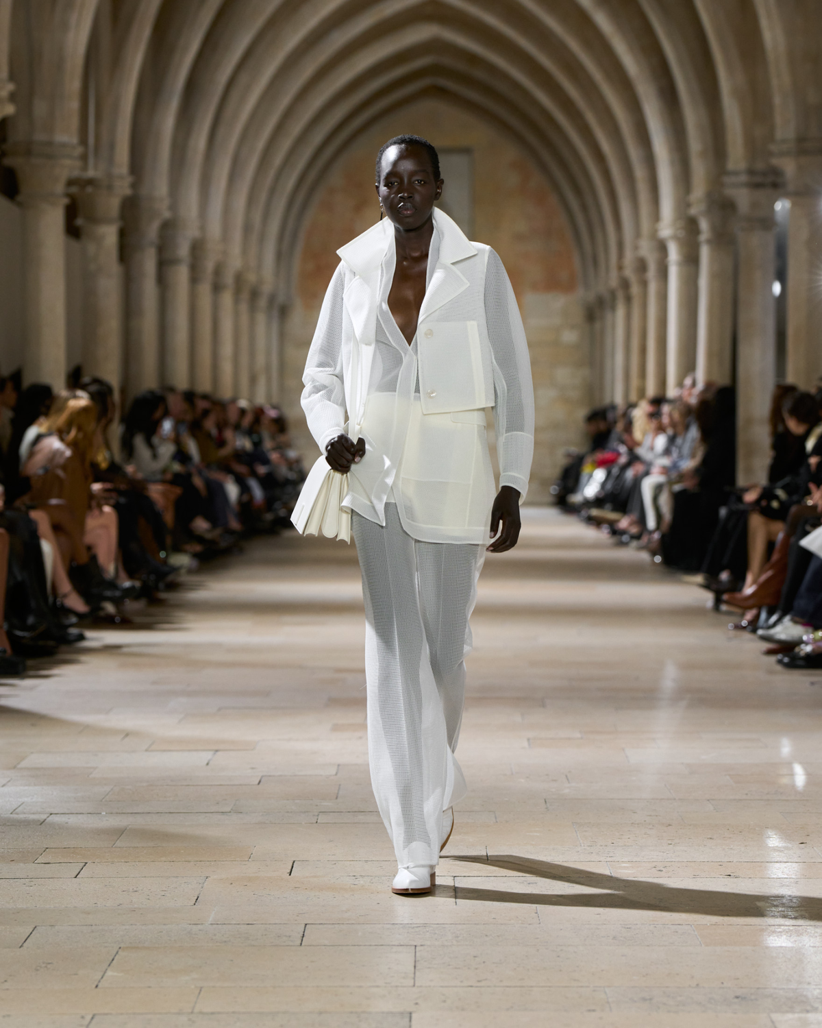 Designer Cropped Jacket in Sheer Techno-Grid - neutral - white #editorial