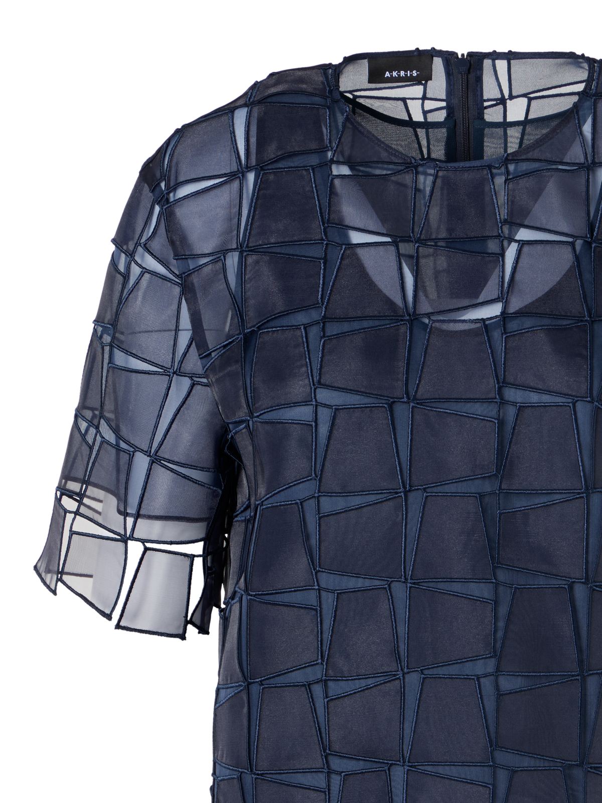 Designer Short-Sleeve Trapezoid Organza Blouse - navy