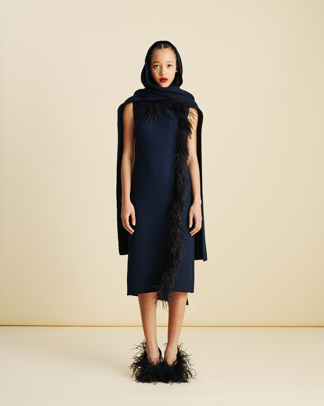 Designer Asymmetrical Midi Dress with Feather Trim - navy - blue - multicolor 