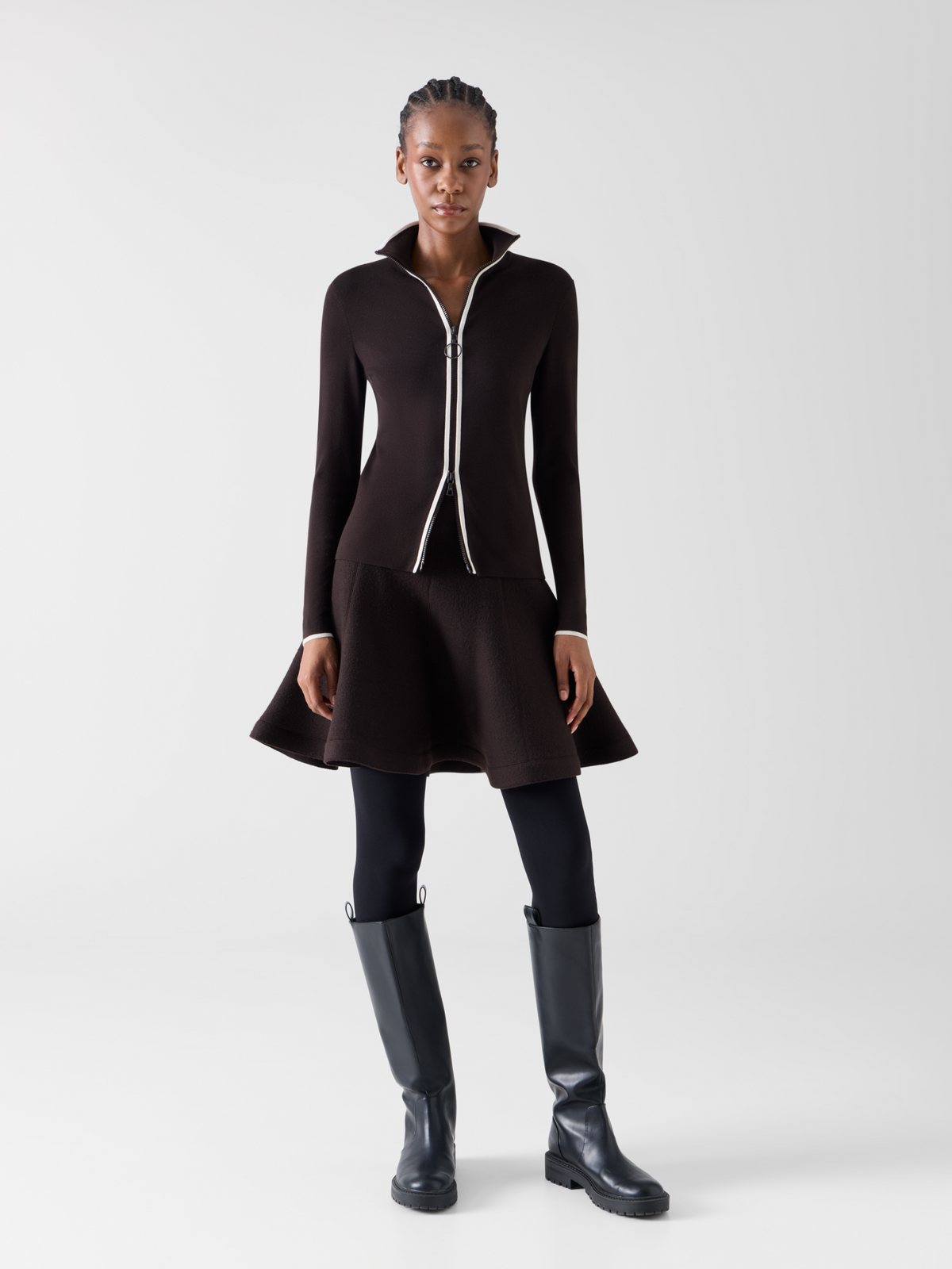 Designer Zipped Cardigan with Contrast Piping - brown 