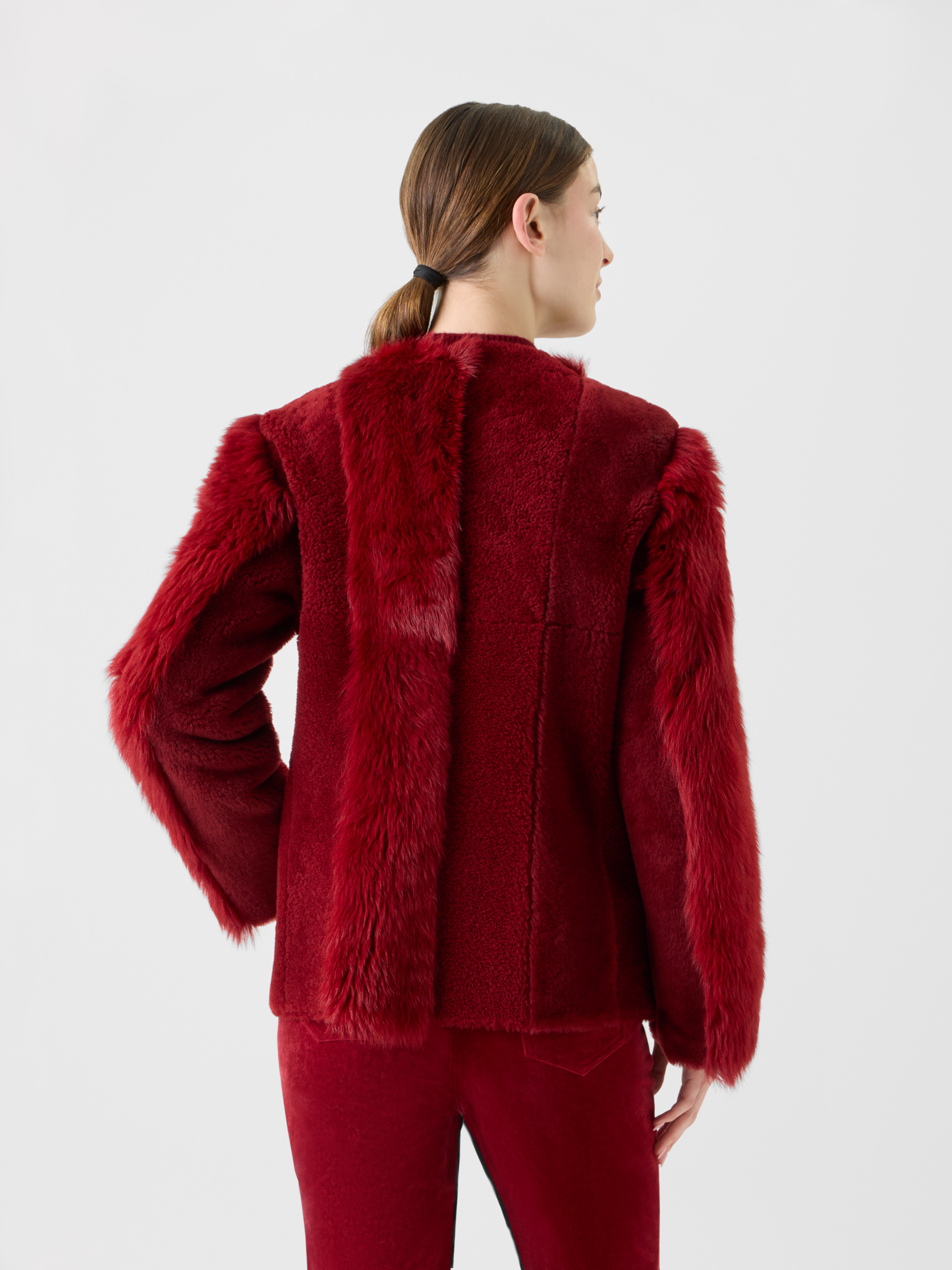 Designer Boxy Patchwork Shearling Short Coat - red 
