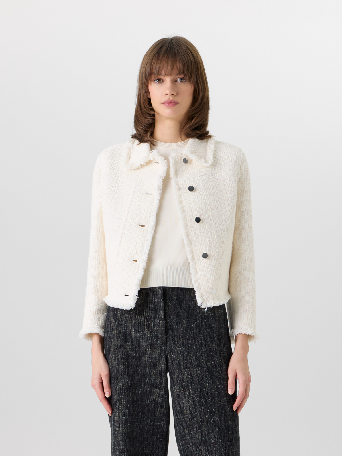 Designer Long-Sleeve Cotton-Blend Tweed Short Jacket - ecru #editorial