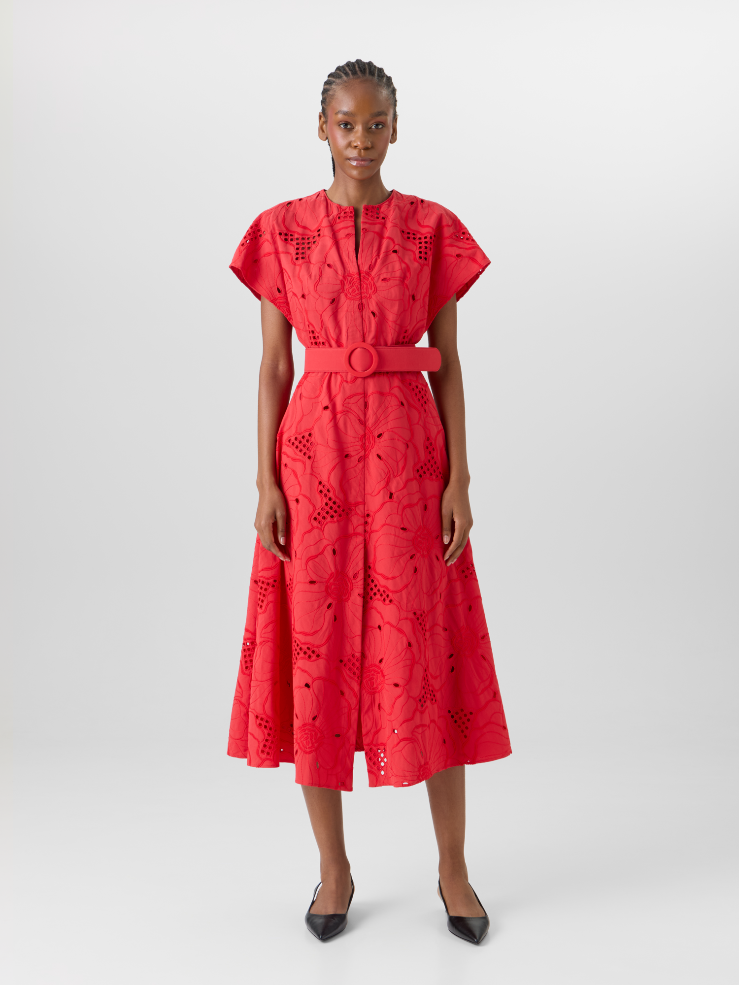 Designer Flower Eyelet Midi Dress - red 