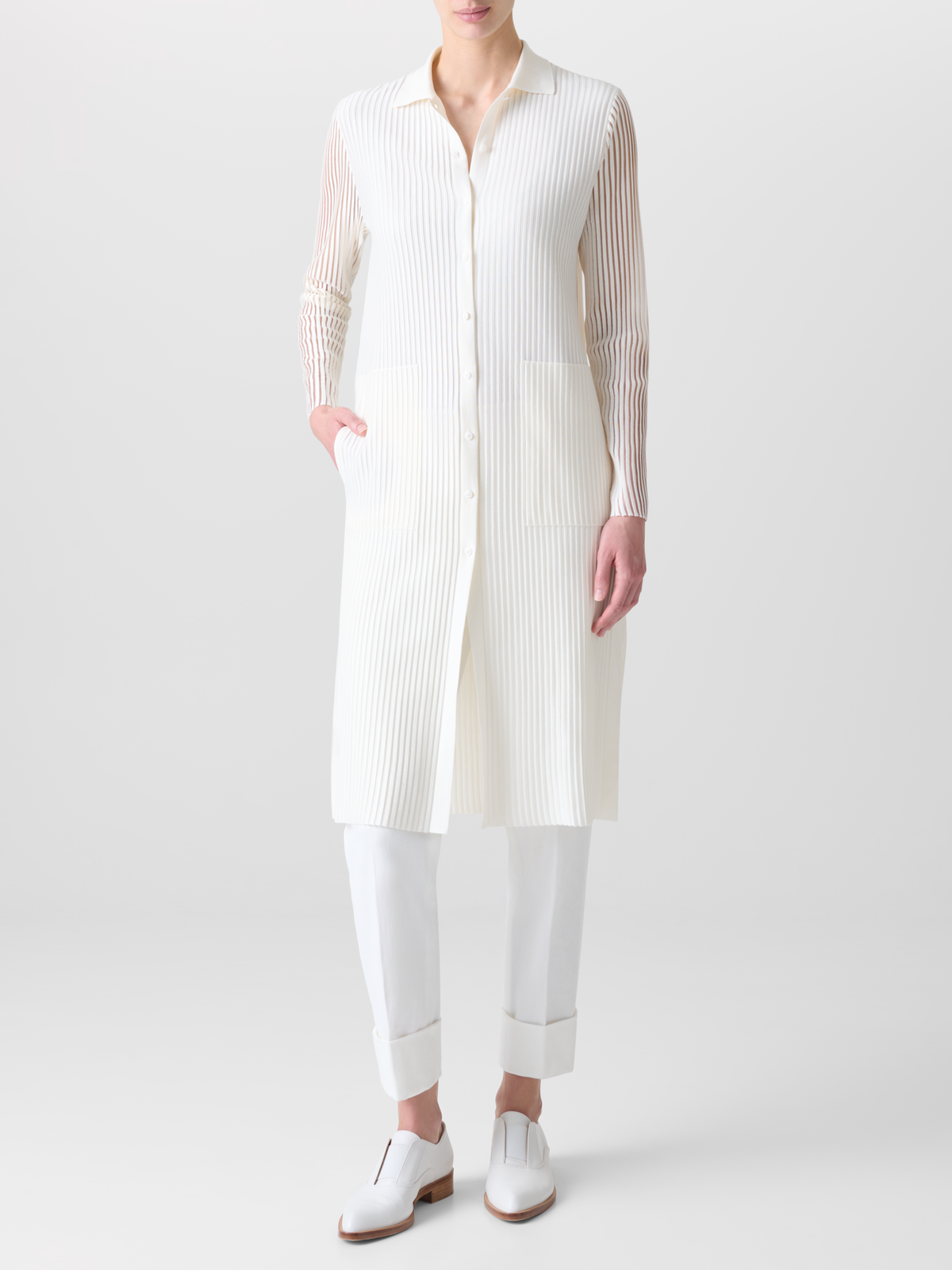 Designer Long Knit Coat in Semi-Sheer Silk Cotton - neutral - ecru - white #editorial