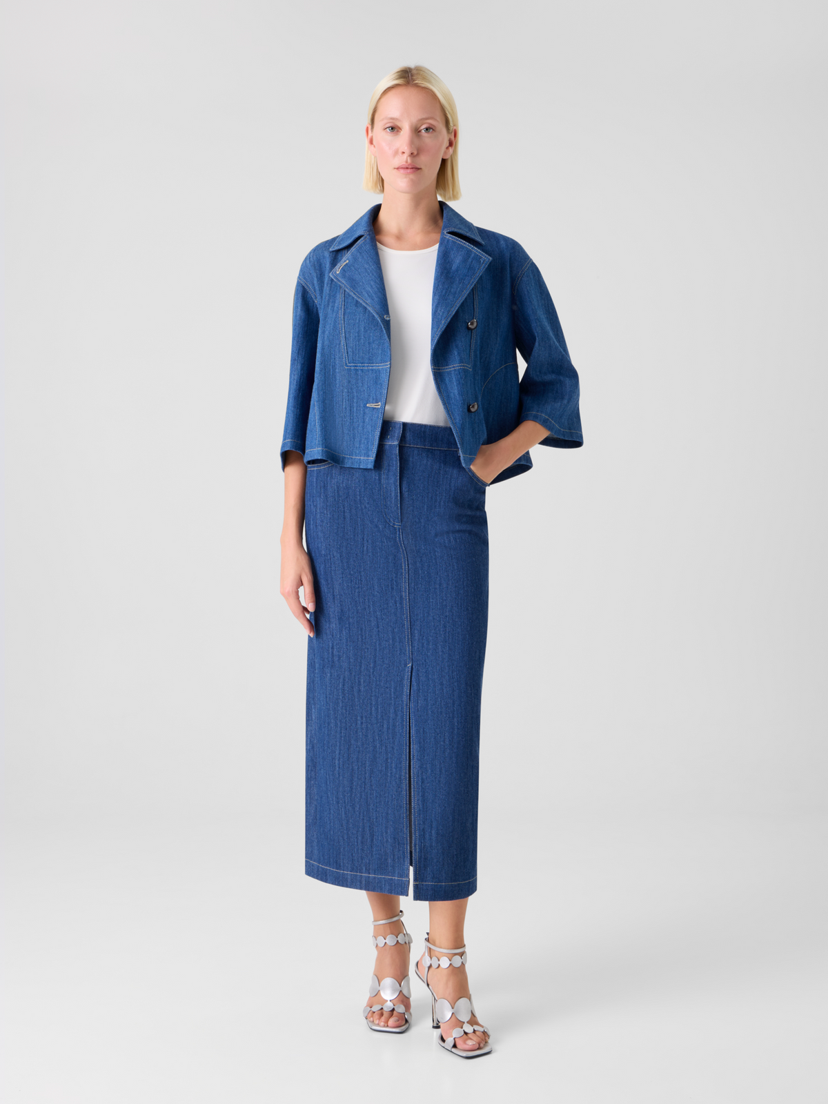 Designer Cotton Stretch Denim Midi Pencil Skirt - navy #editorial