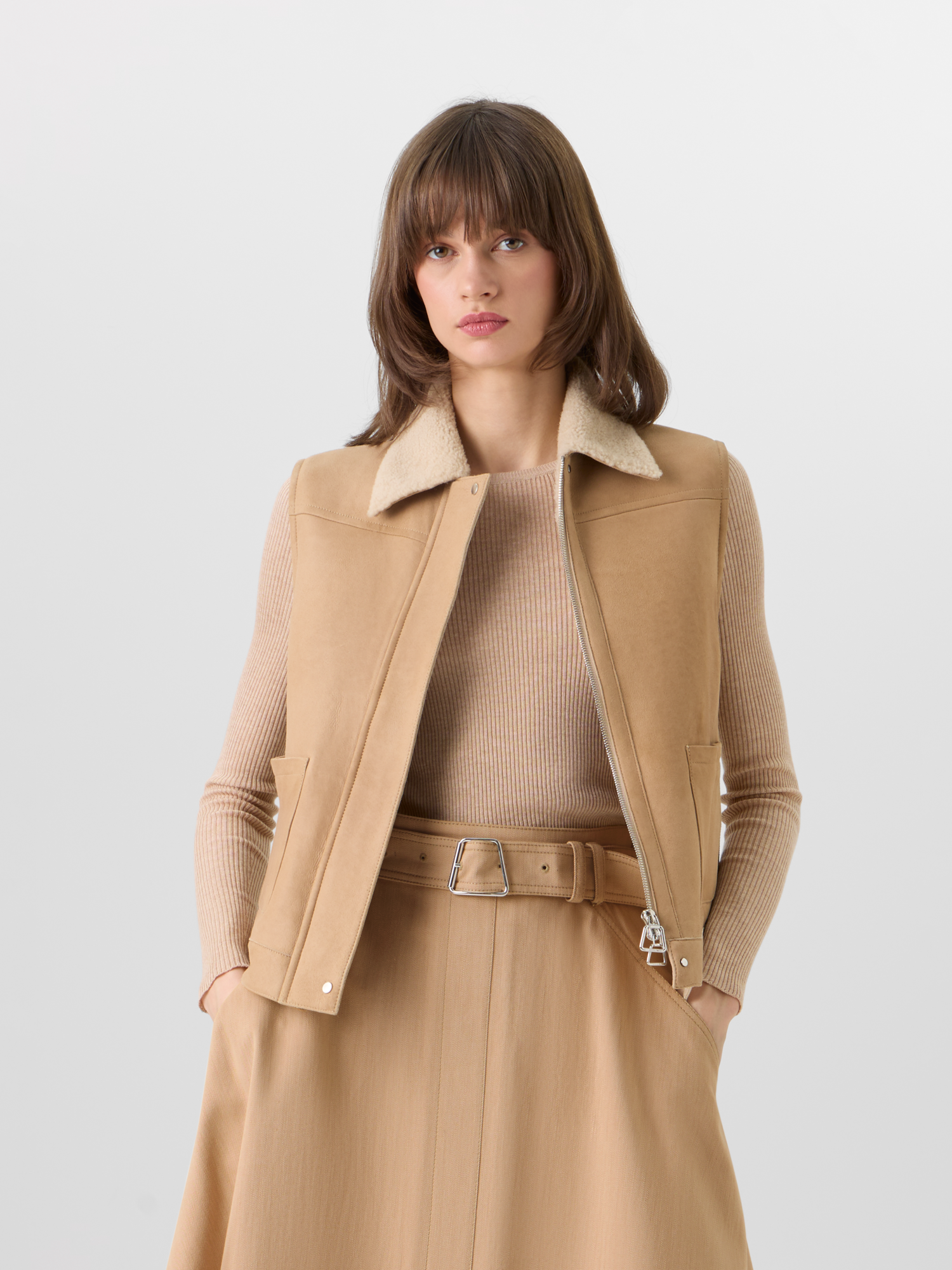 Designer Mika Shearling Gilet with Fur Collar - beige 