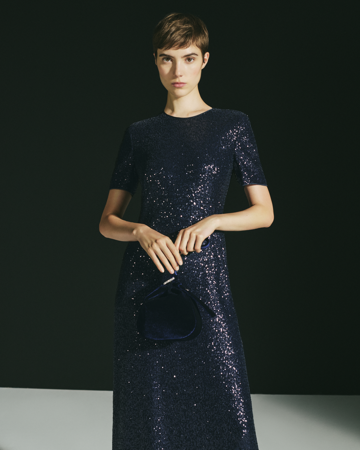 Designer Long Sequined Evening Gown with Short Sleeves - navy - blue #editorial