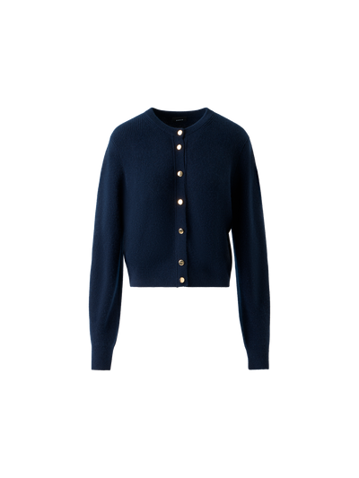 Designer Ribbed Cashmere Cardigan with Gold Buttons - neutral - navy - blue
