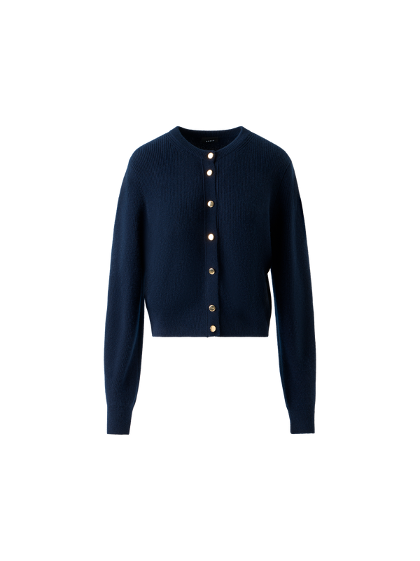 Designer Ribbed Cashmere Cardigan with Gold Buttons - neutral - navy - blue