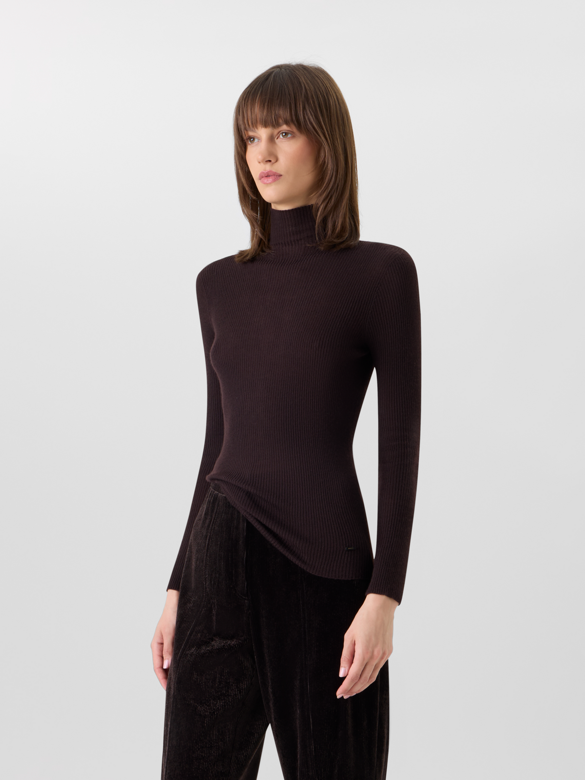 Designer Fine Rib Cashmere Silk Mock Neck Sweater - brown 