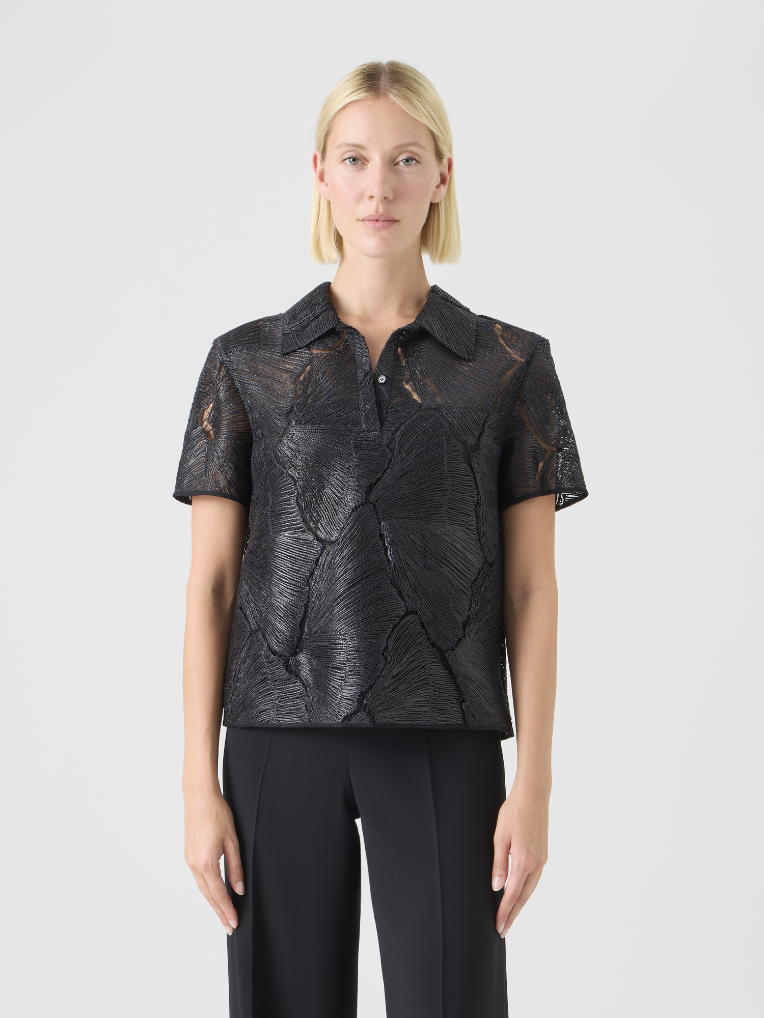 Designer Polo Blouse in Lacquered Sea Fan Lace  - black 