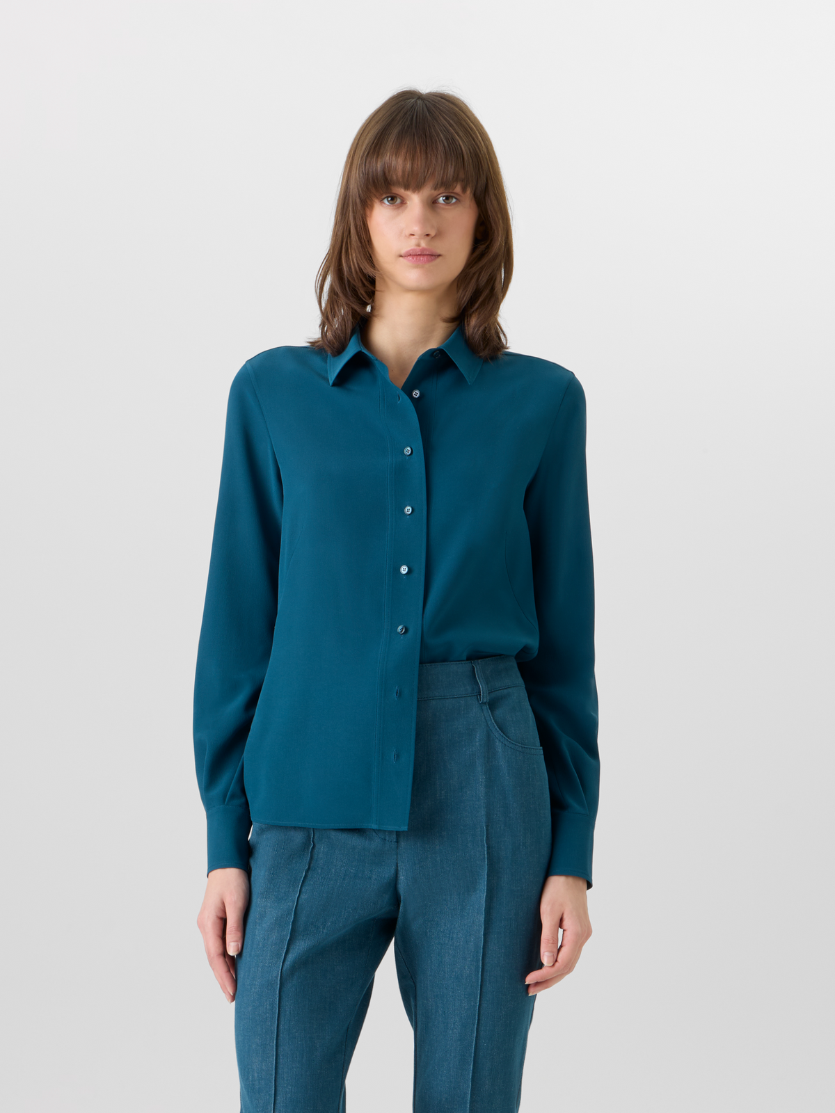Designer Long-Sleeve Silk Crêpe Tunic Blouse - blue #editorial
