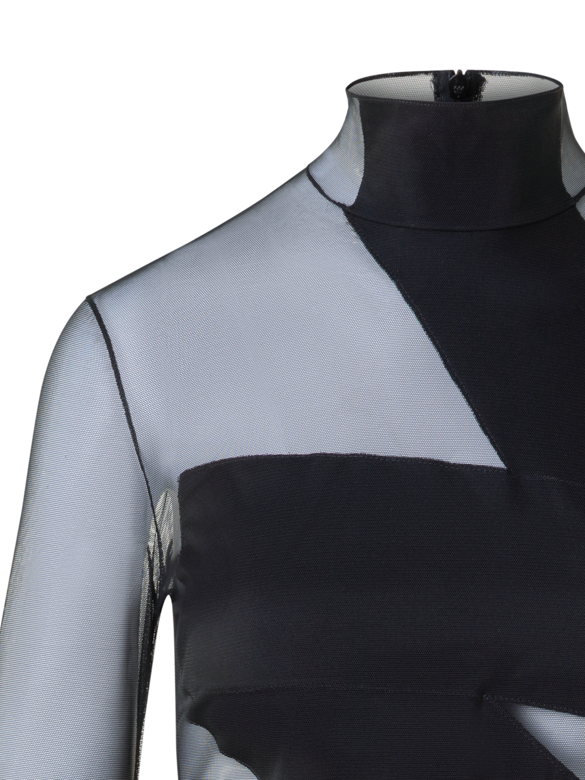 Designer Sheer Fitted Mock Neck Top with Zigzag Detail - black - neutral