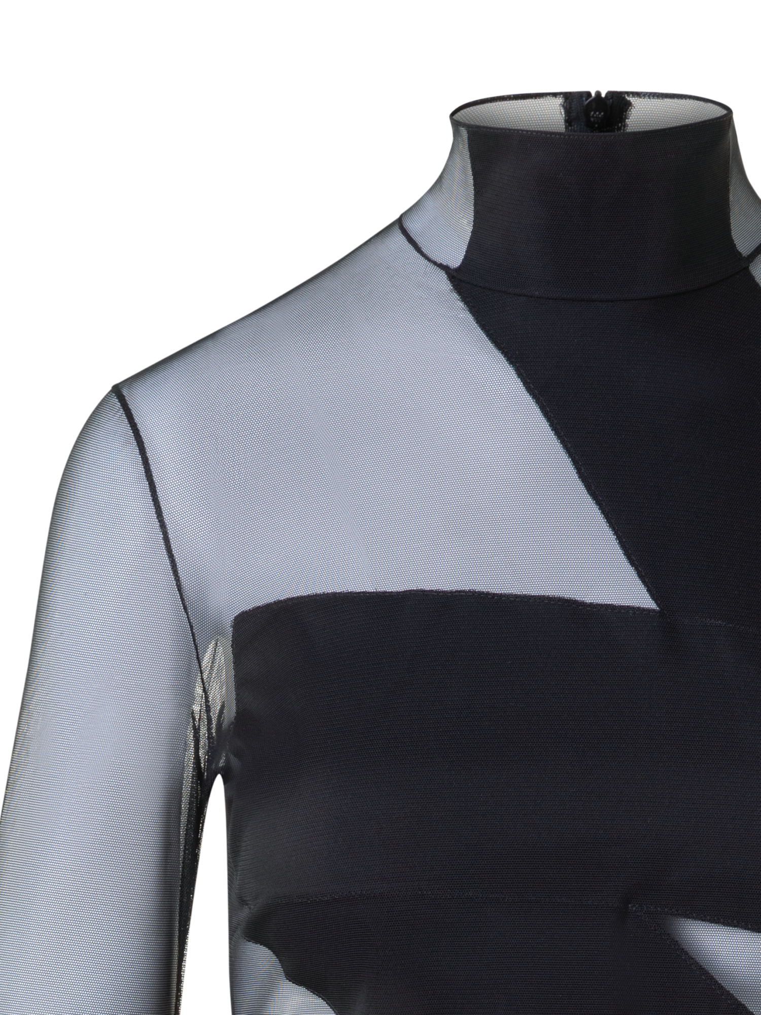 Designer Sheer Fitted Mock Neck Top with Zigzag Detail - black - neutral