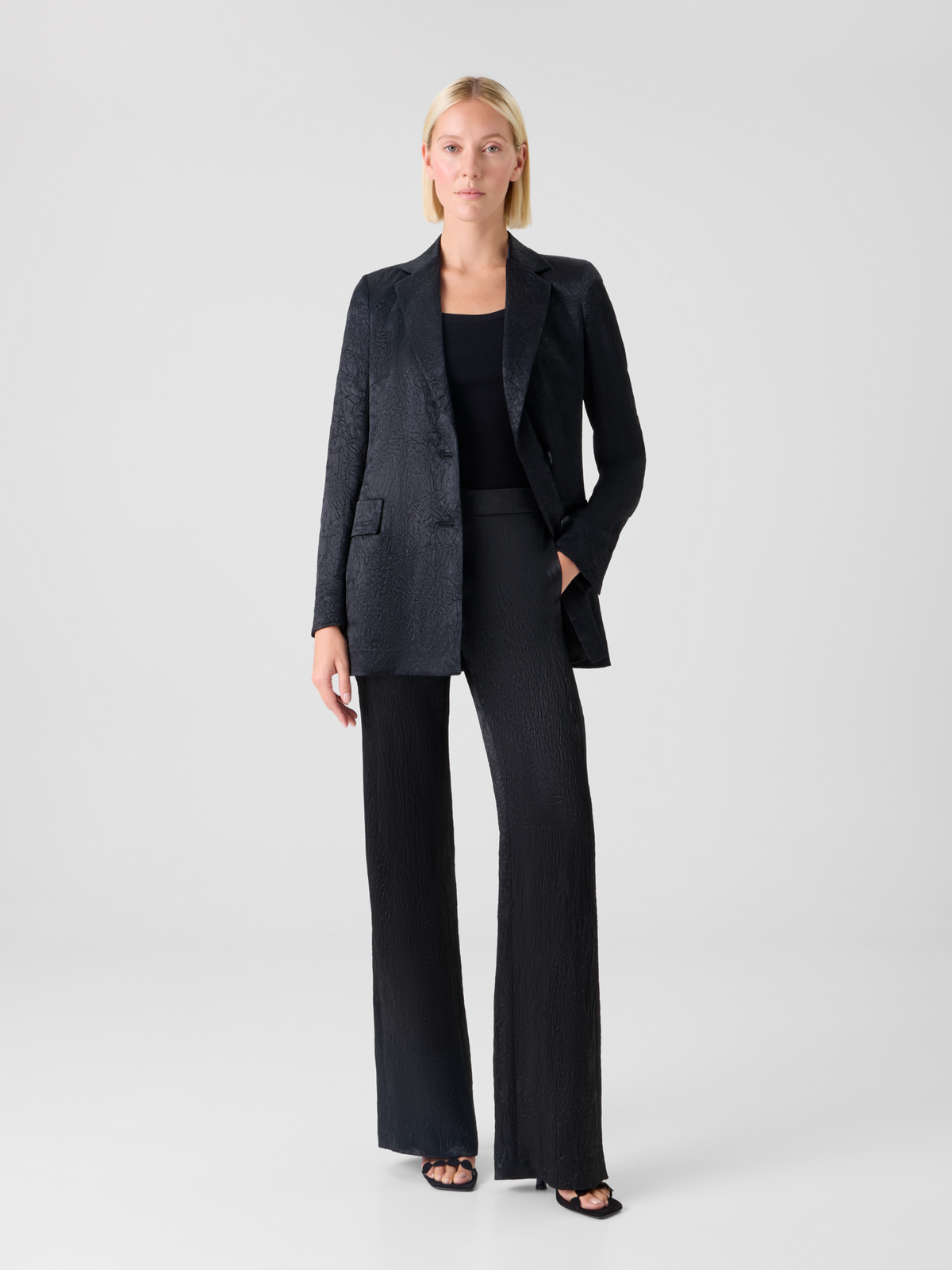 Designer Marla Elastic Waist Crinkled Satin Straight Pants - black #editorial