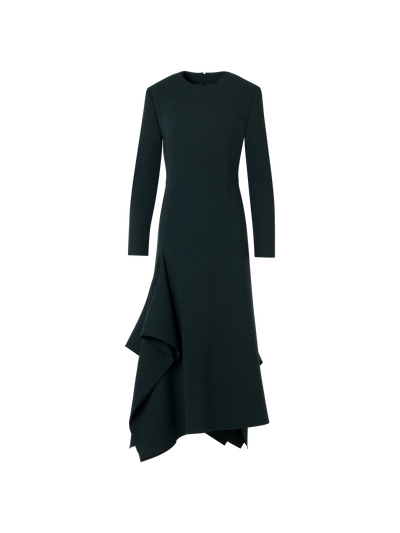 Designer Flared Midi Dress with Asymmetrical Skirt in Wool - green