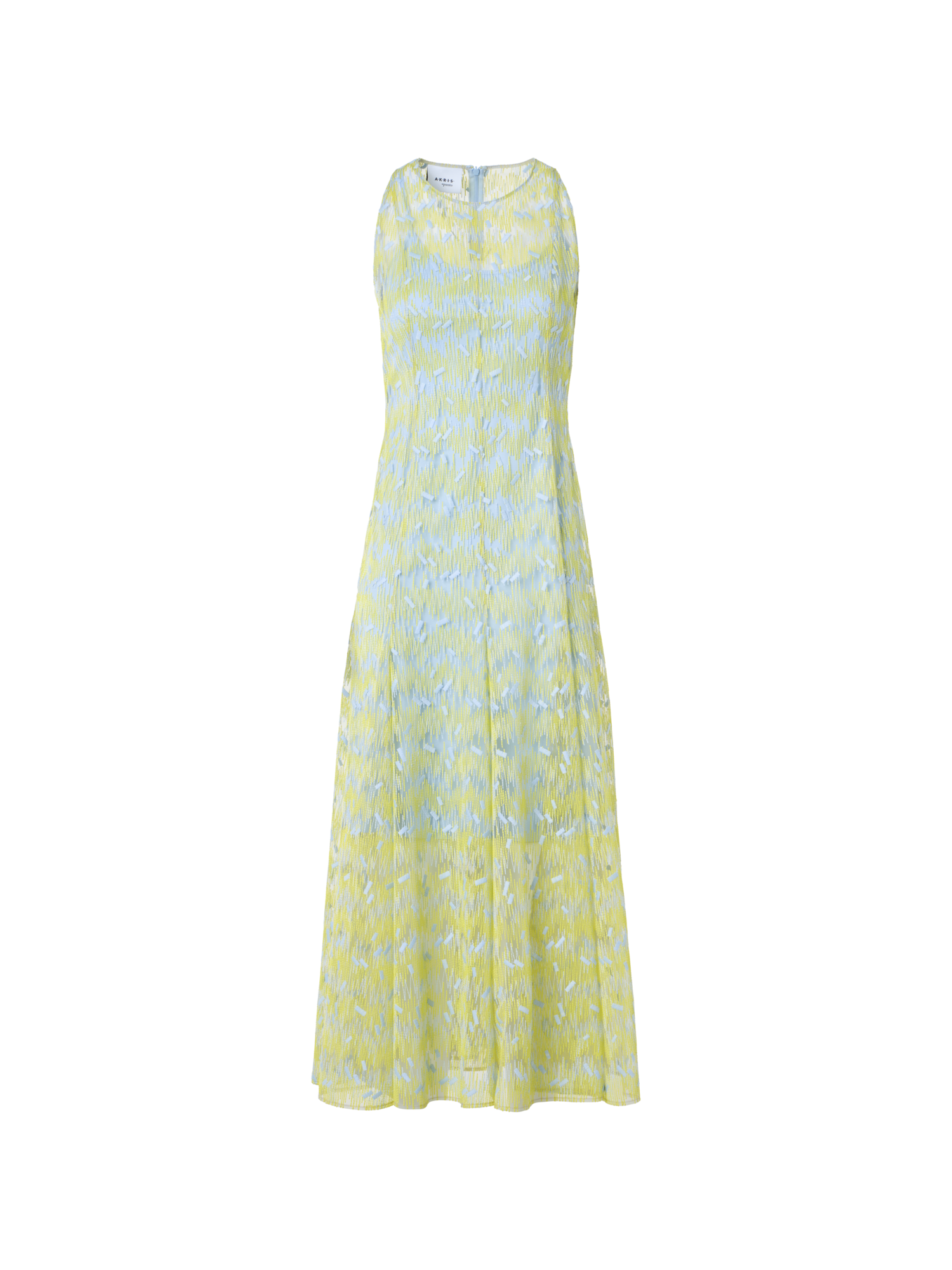 Designer Sheer Scribble Dot Embroidered Flared Midi Dress - blue - yellow