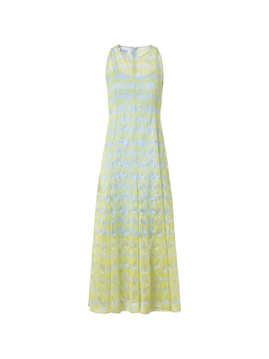 Designer Sheer Scribble Dot Embroidered Flared Midi Dress - blue - yellow