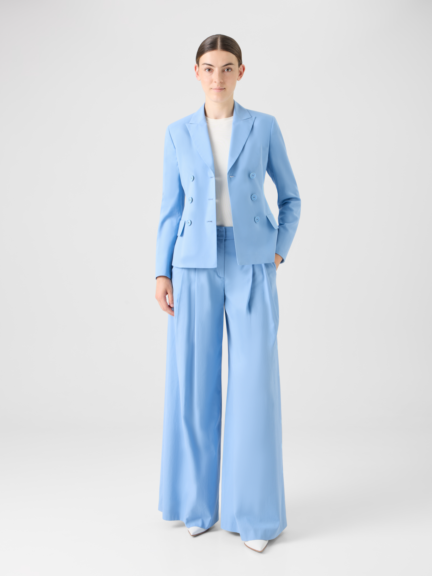 Designer Double-Breasted Cotton Stretch Gabardine Jacket - blue 
