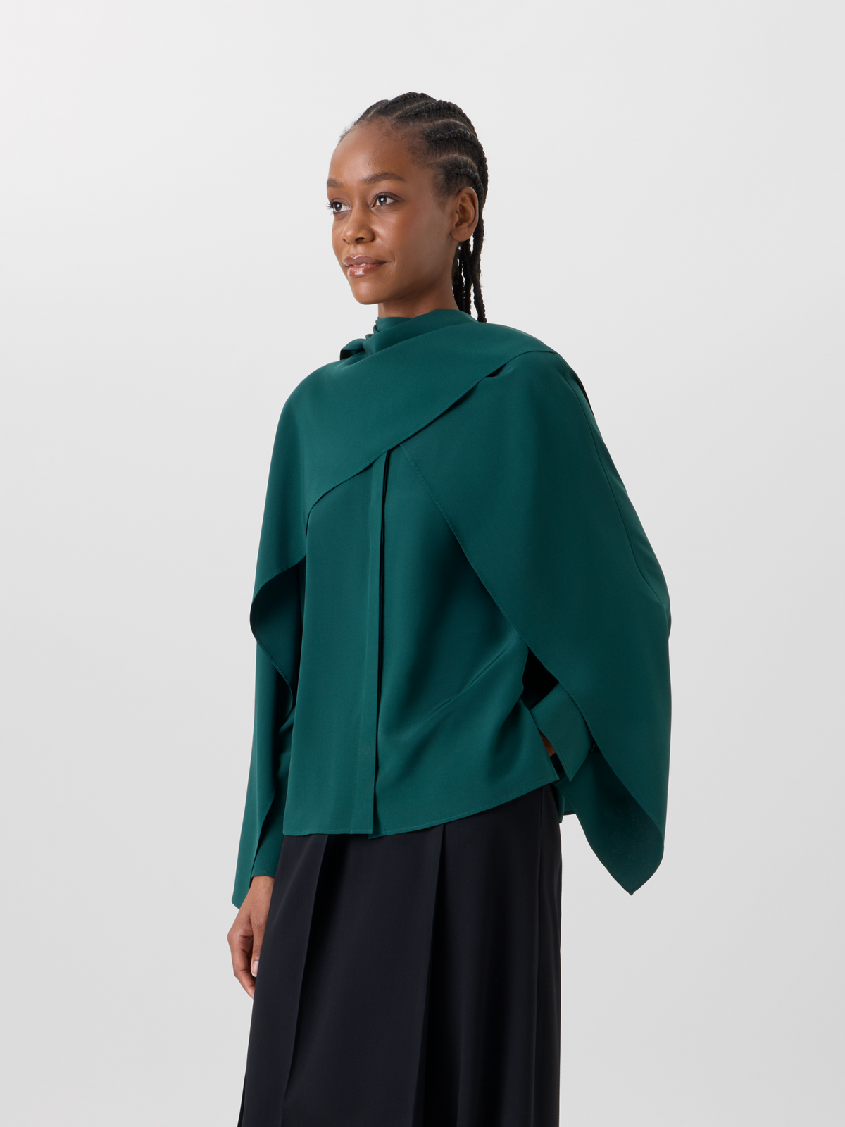 Designer Silk Crêpe Blouse with Flared Panel Sleeves - green 