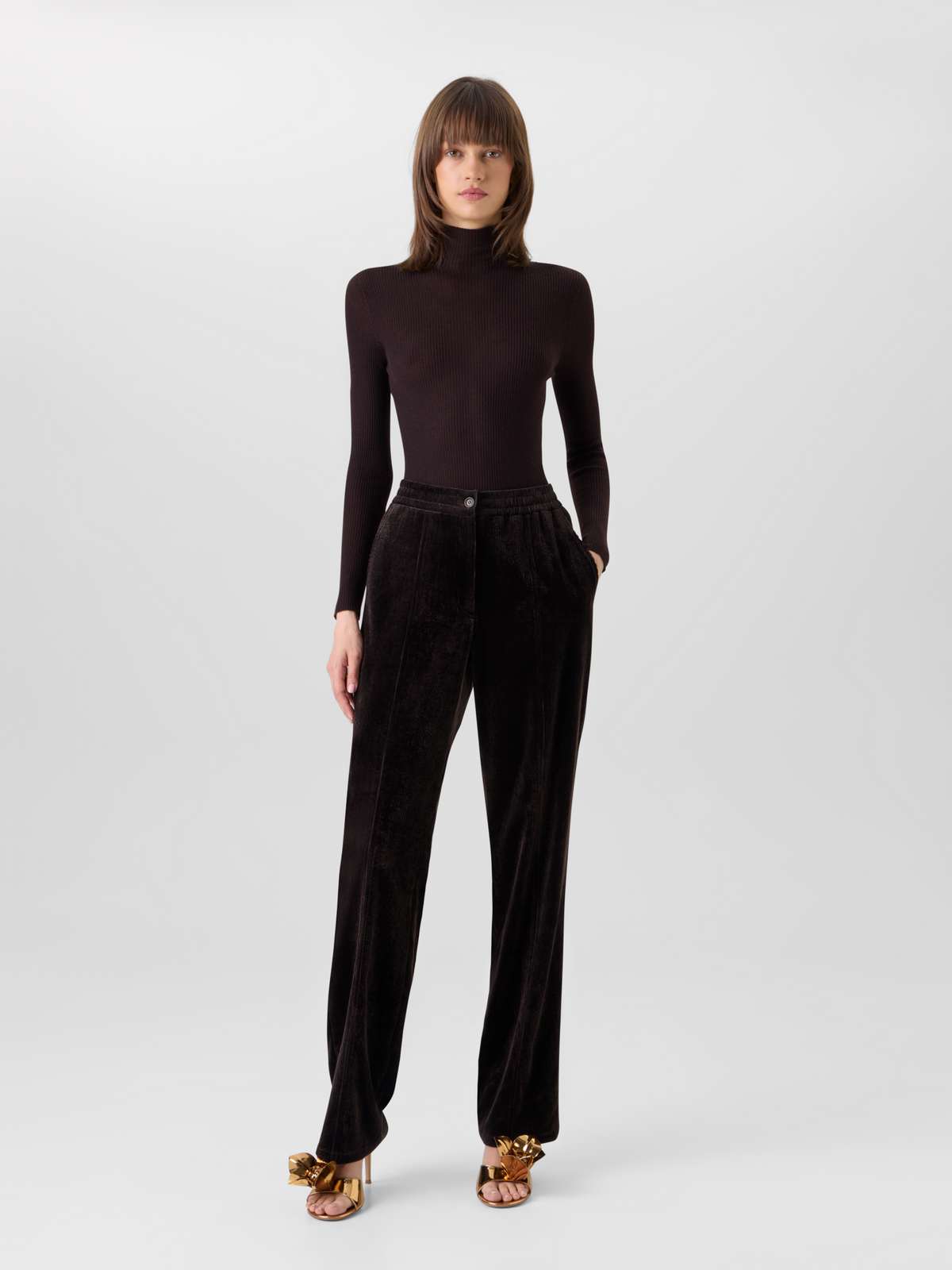 Designer Fine Rib Cashmere Silk Mock Neck Sweater - brown 