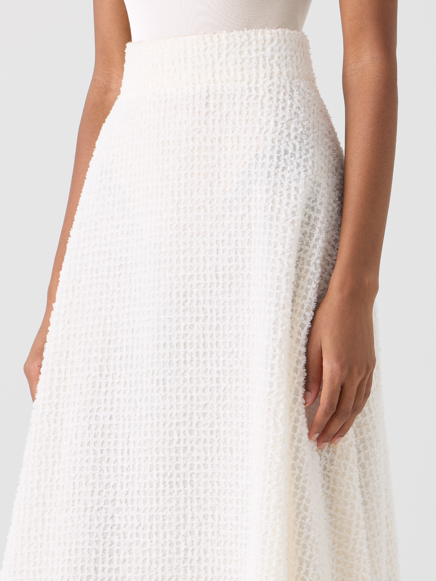 Designer Flared Midi Skirt in Fringed Grid - ecru 