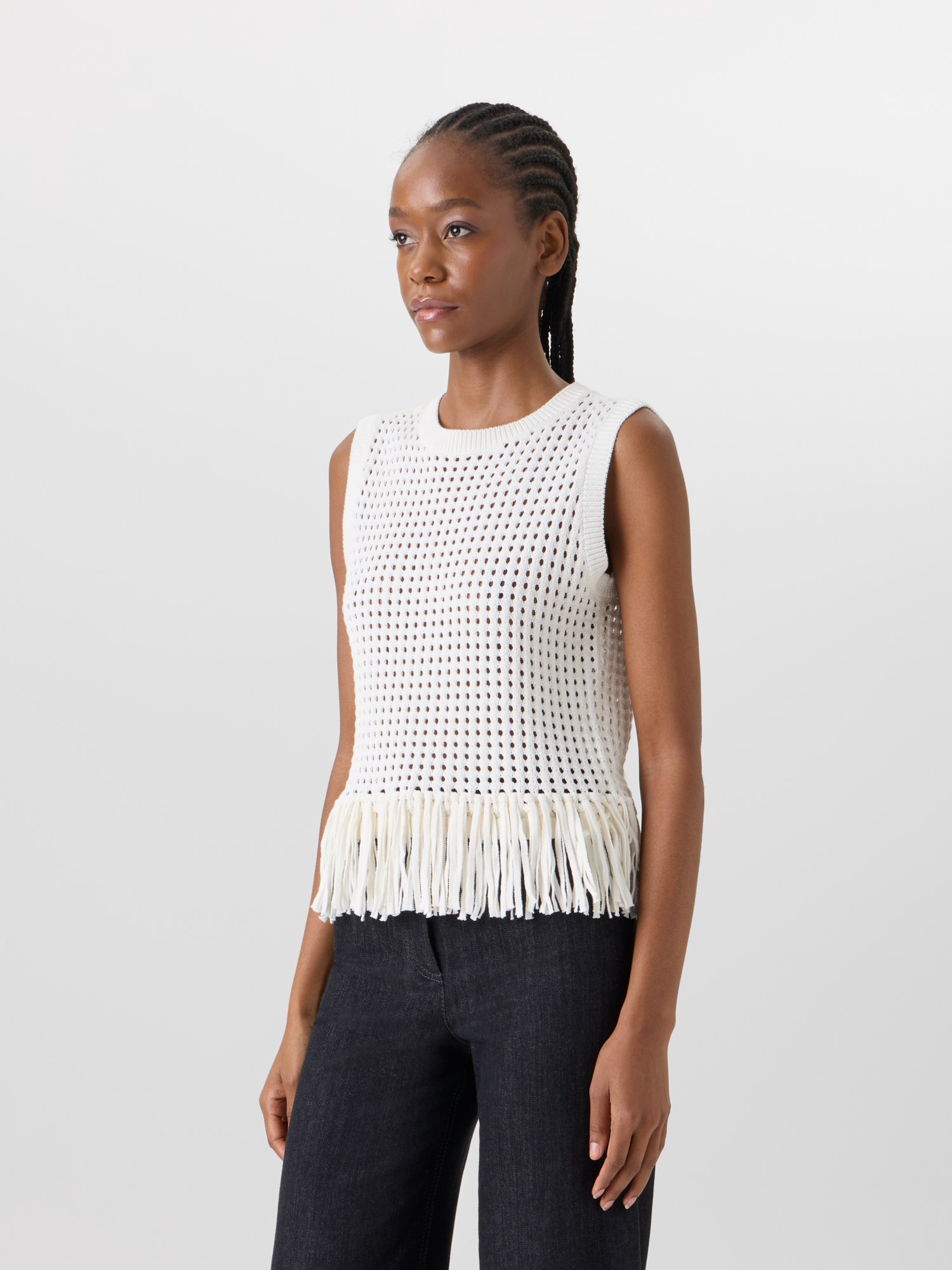 Designer Sleeveless Chunky Cotton Mesh Knit Top - ecru 