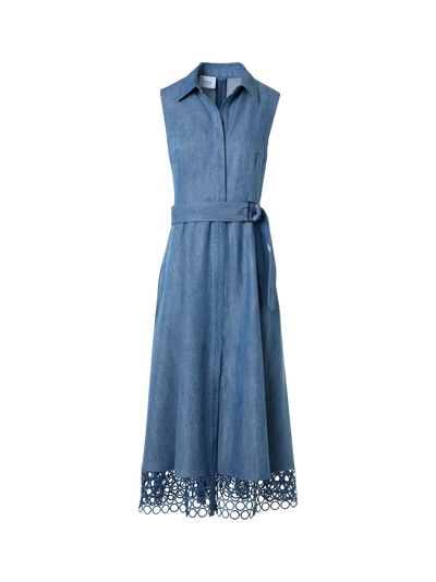 Designer Denim Shirt Dress with Eyelet Guipure - blue