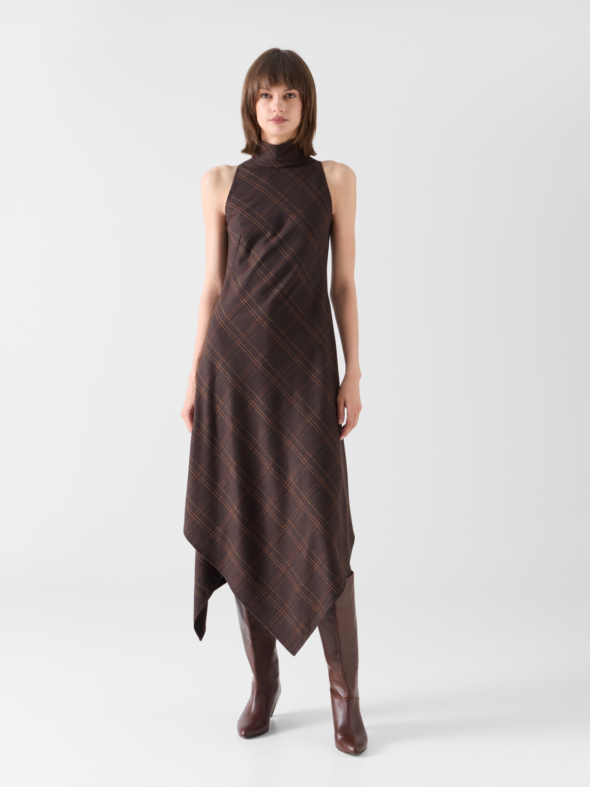 Designer Halter Midi Dress in Check Flannel - brown #editorial